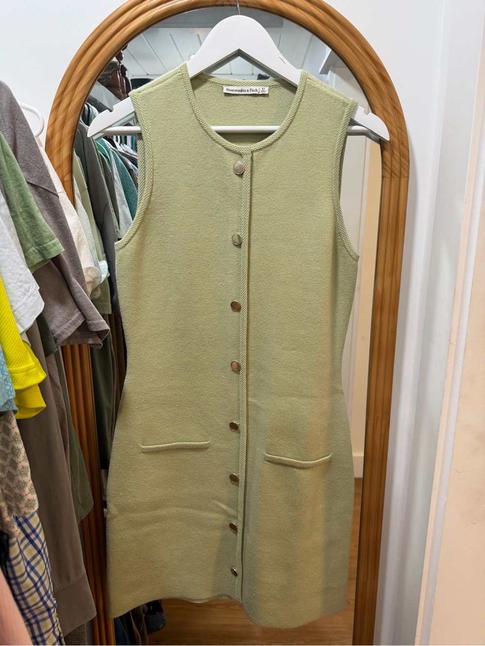 Abercrombie & Fitch Sage Green Sleeveless Button-Front Midi Dress
